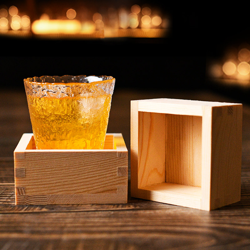 酒吧调酒 日本制氷子清酒木杯方形木盒清酒杯鸡尾酒木托实木杯垫