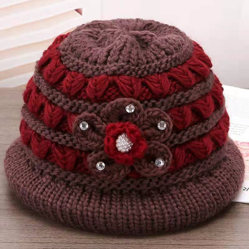 老年人冬季帽子女式奶奶针织保暖帽中老年加绒厚毛线盆帽老太太帽