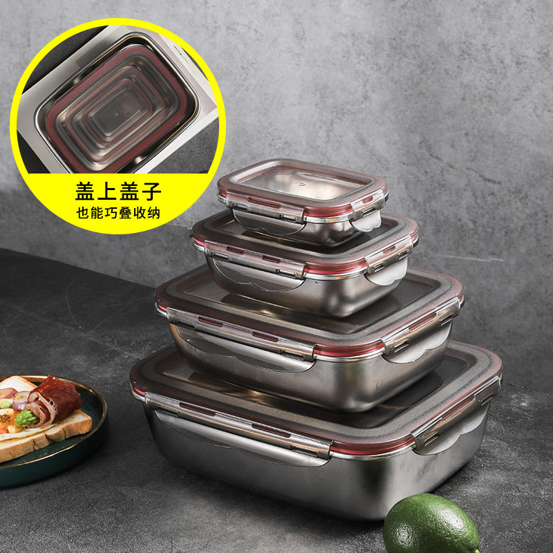 厂价直销304不锈钢韩式保鲜盒方型便当饭盒食品冷冻收纳密封盒