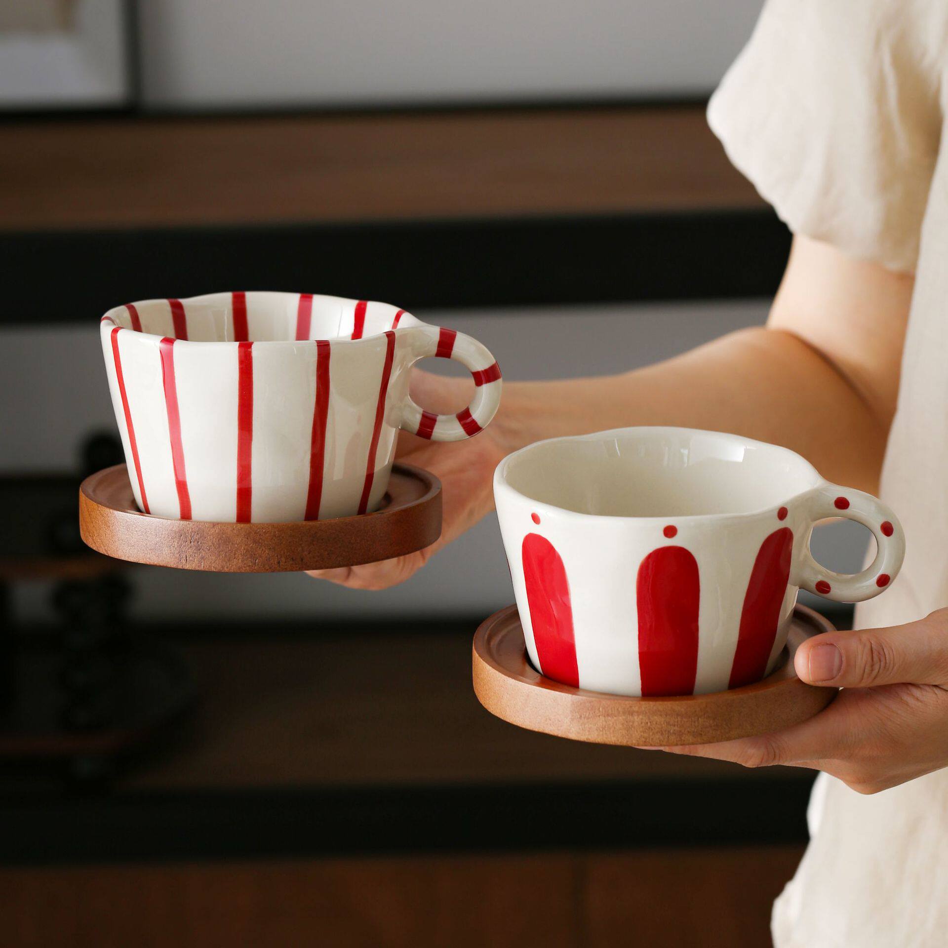 日式复古釉下彩陶瓷咖啡杯碟拿铁拉花杯马克杯高颜值家用下午茶杯