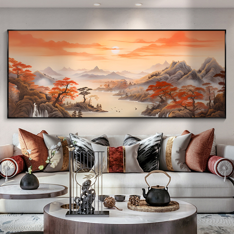 鸿运当头山水画办公室挂画风景画沙发背景墙水墨画客厅装饰画新款