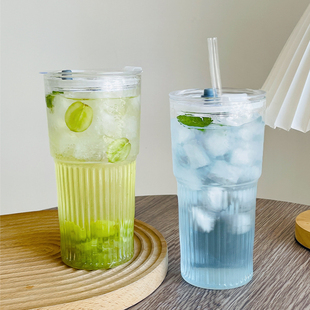 600ml玻璃杯带盖大容量吸管杯大号水杯耐高温咖啡冷饮杯果汁杯子