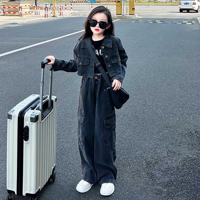 女童春装牛仔套装工装阔腿裤两件套潮流正品初中女生女大童高级感