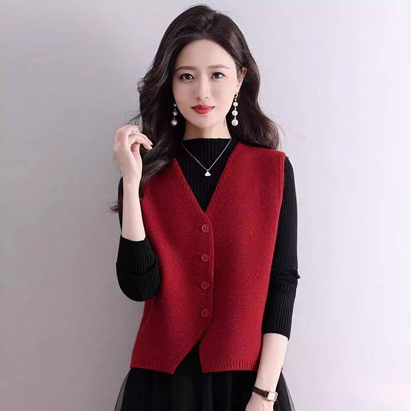 名佳怡优选春季新款马甲红色针织马甲女士防寒保暖背心百搭上衣a3