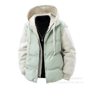 欧关新品假两件棉衣男女外套冬季加厚连帽工装夹棉外套防寒飞行夹