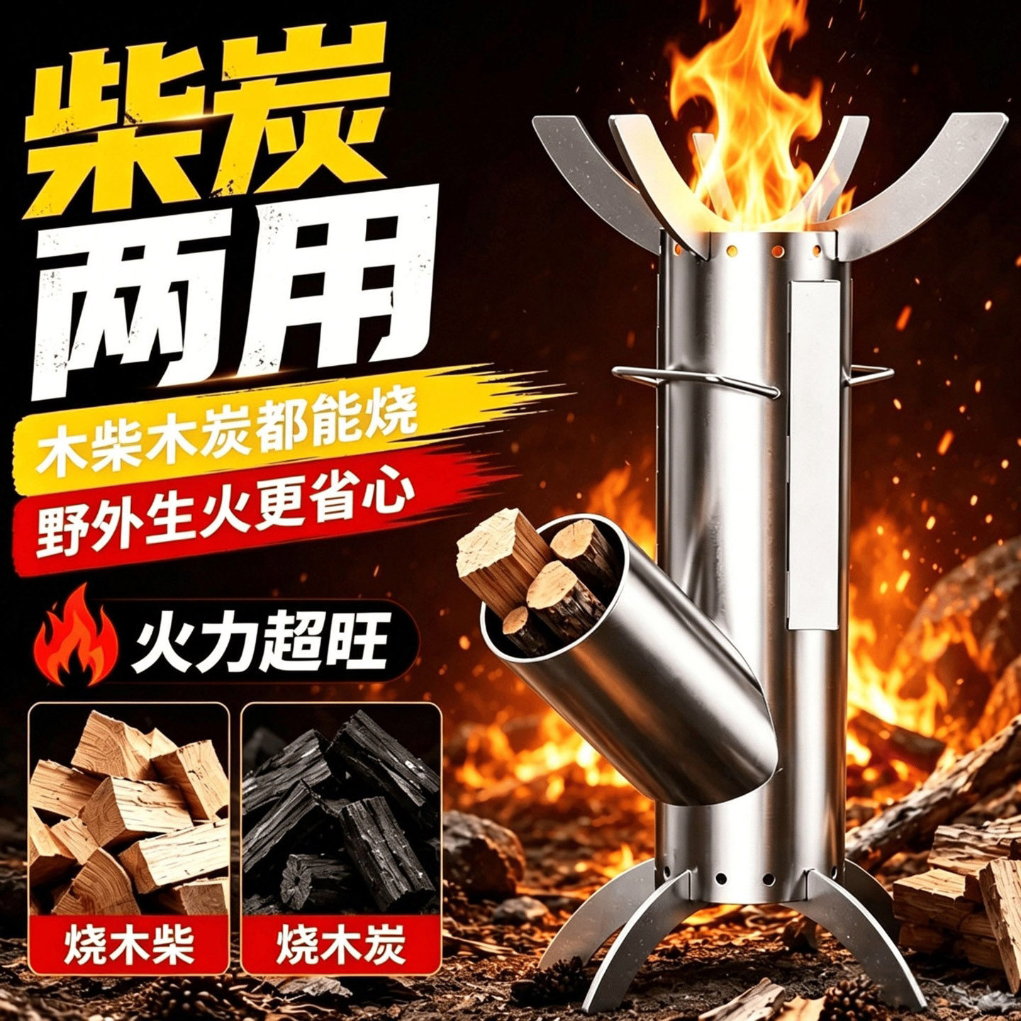 点击率精品户外便携火箭炉烧木柴碳两用节能猛火露营野炊煮茶炒a7