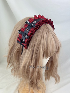 原创金属扣朋克辣妹风暗黑红黑格子亚文化甜酷辣妹小礼帽发夹发箍