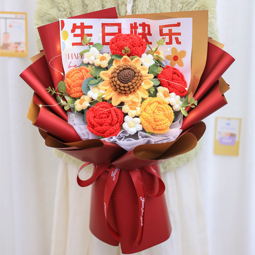 创意手工编织玫瑰毛线花束