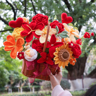 创意手提花篮手工钩织向日葵郁金香编织玫瑰毛线花束装 饰生日礼物