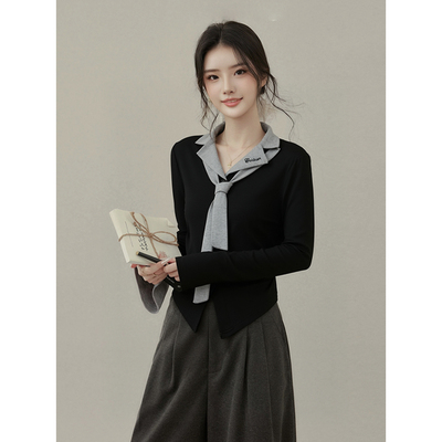秋冬季新款假两件长袖T恤女修身显瘦气质高级感小众黑色系带上衣