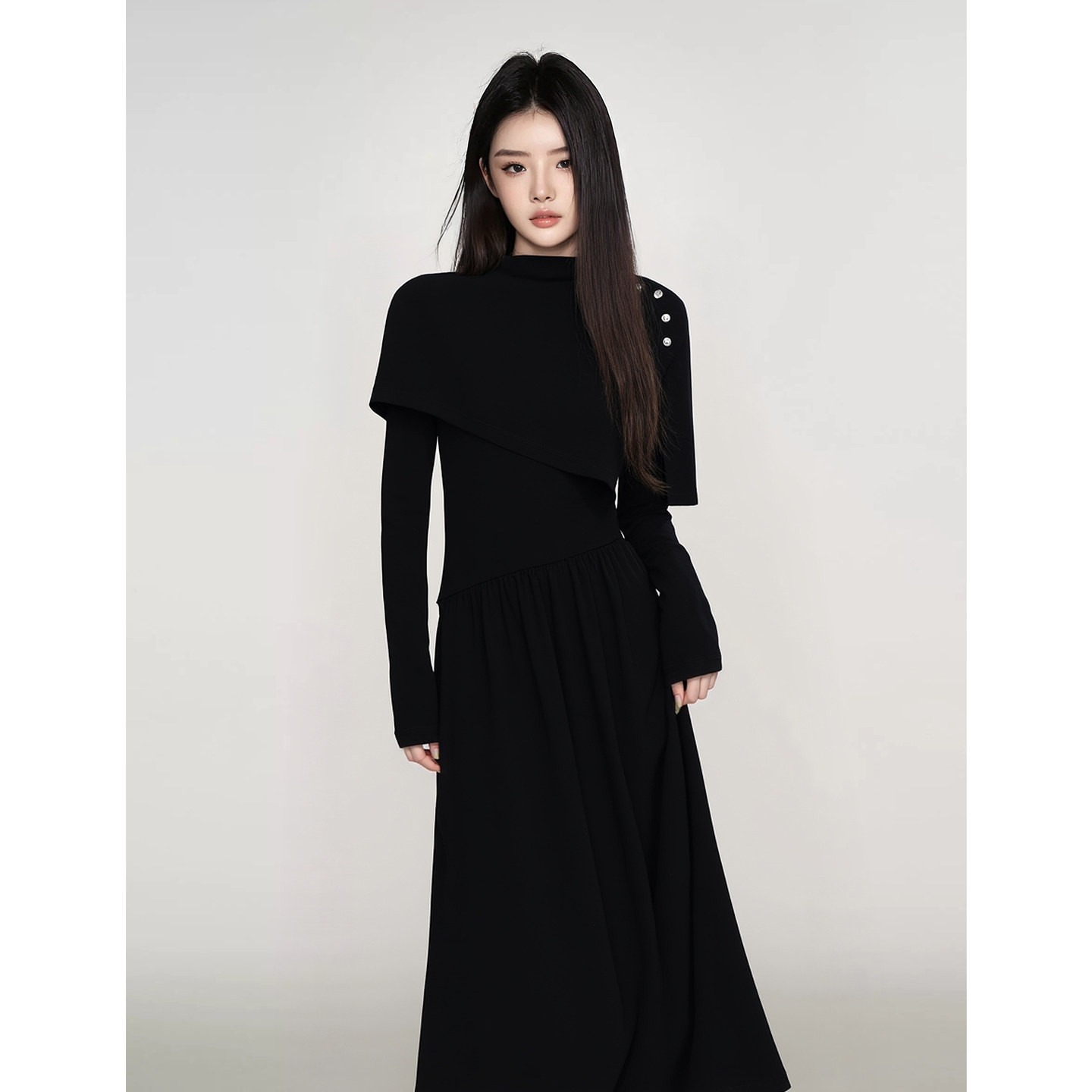 秋冬季黑色连衣裙女赫本风气质拼接不规则收腰显瘦两件套装