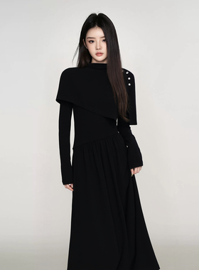 秋冬季黑色连衣裙女赫本风气质拼接不规则收腰显瘦两件套装