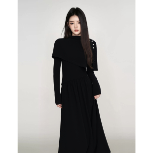 秋冬季 黑色连衣裙女赫本风气质拼接不规则收腰显瘦两件套装