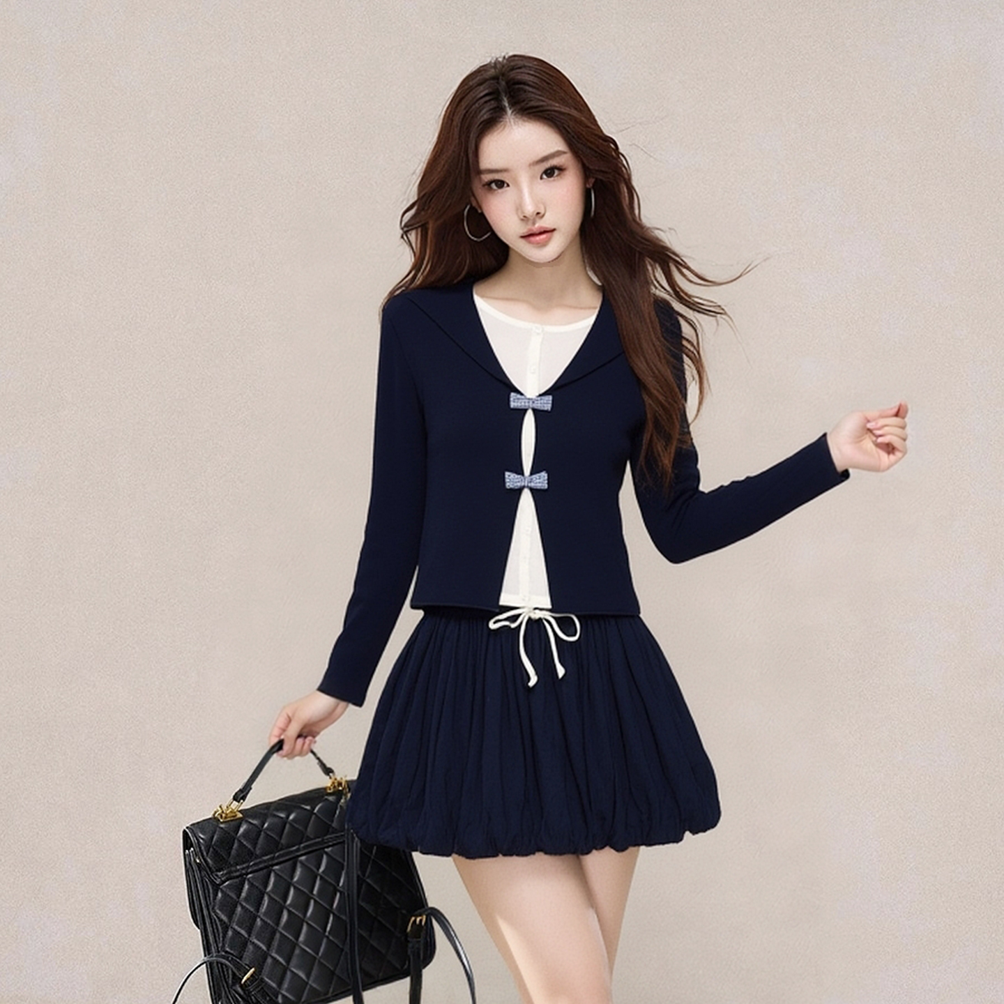 韩系假两件长袖拼接上衣女修身显瘦撞色针织衫