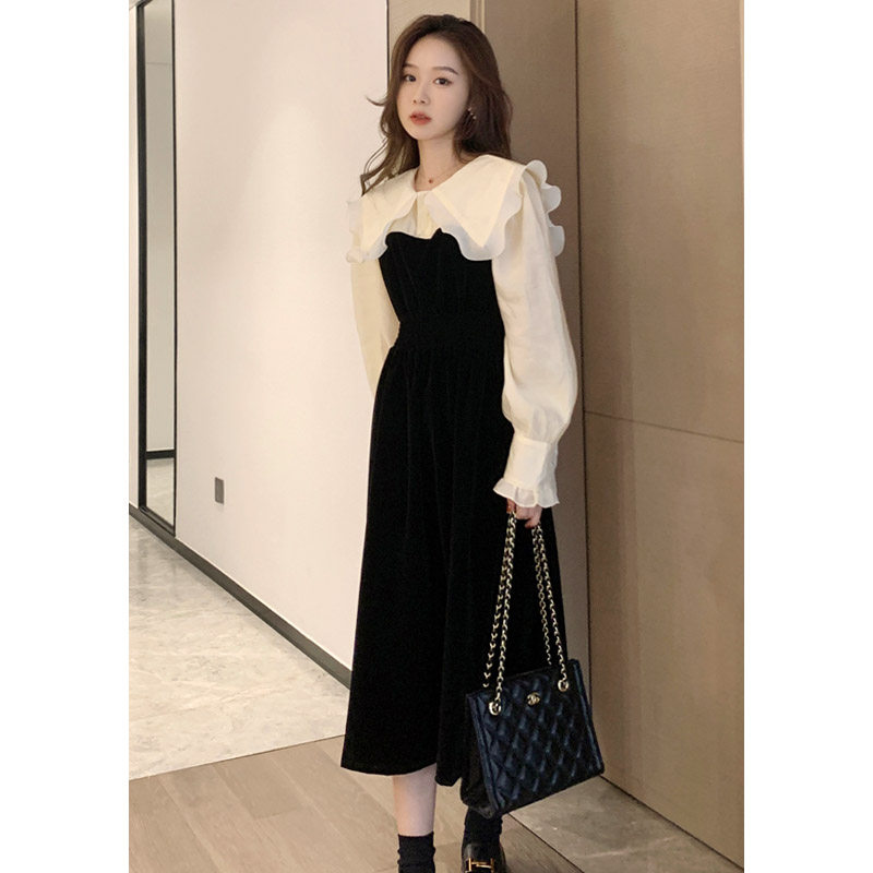 法式气质连衣裙拼接翻领温柔风仙女收腰显瘦丝绒约会长裙秋冬新款