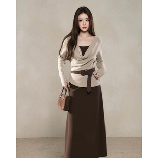 收腰显瘦上衣半身裙气质套装 韩系假两件荡领复古针织衫 新款 春秋季