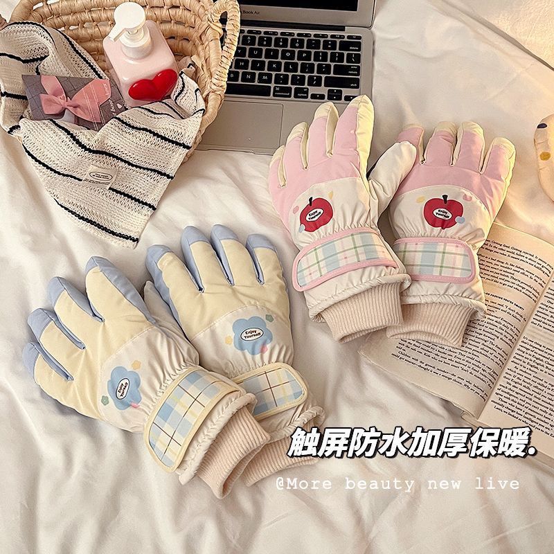 可爱冬季手套女保暖加绒加厚骑行电动车触屏防寒防水滑雪手套冬天