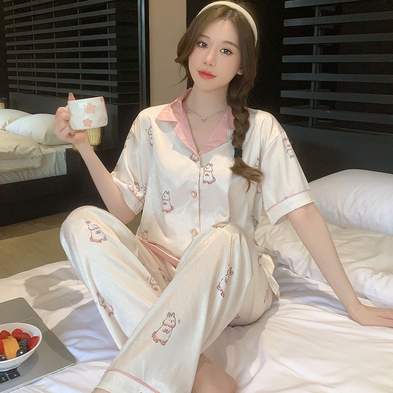 新款睡衣女夏天冰丝绸年新款短袖长裤ins风可爱兔套装家居服夏季