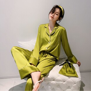 韩国春夏季女士睡衣套装oversize长袖家居服仿真丝绸布袋睡衣