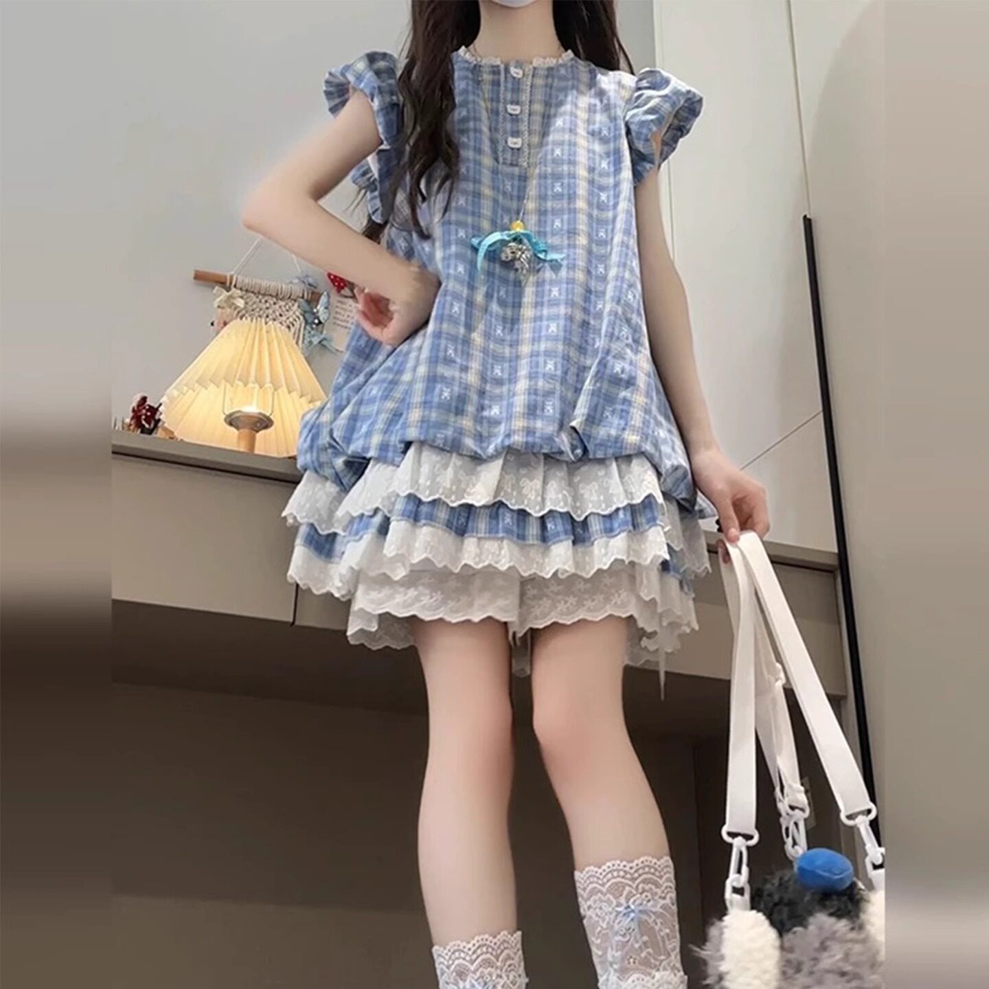 女大童夏装连衣裙套装2025新款女孩泡泡袖蛋糕裙花边打底裤两件套
