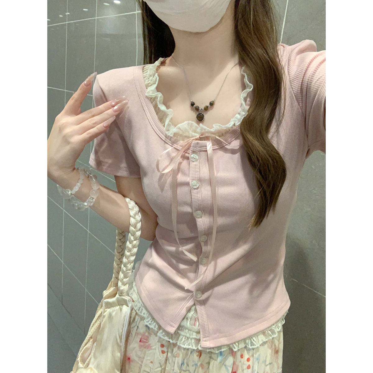甜美miu 系蕾丝系带短袖女夏季U领纽扣假两件T恤修身甜辣打底上衣