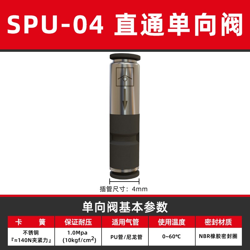 气动SPU-04/6/8/10/12mm快速快插气管气体直通单向阀逆止回阀接头