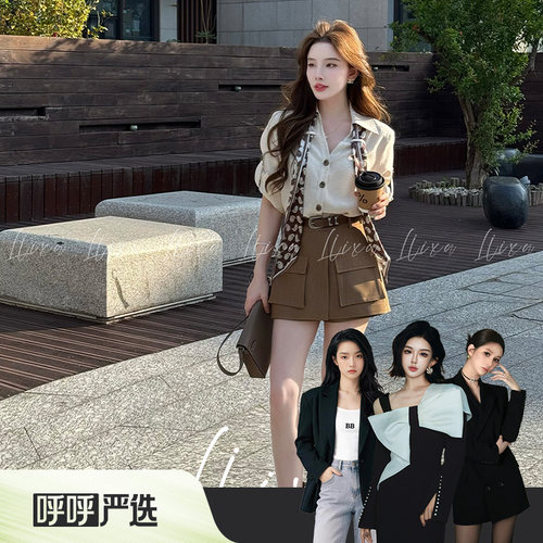 翻领衬衫搭配高腰工装短裤热裤女