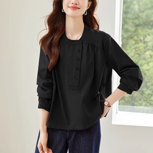 点击率女装 设计感小众衬衫 春夏女士圆领长袖 衬衣宽松休闲上a8 韩版