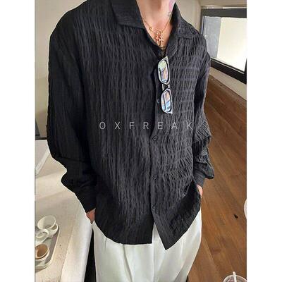 OXFREAK「雅痞风 浮雕格子」肌理感黑色长袖衬衫男廓形宽松衬衣a3