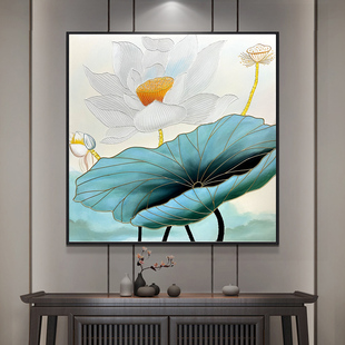 手绘荷叶莲花油画客厅玄关装饰画餐厅壁画新中式风格背景墙挂画