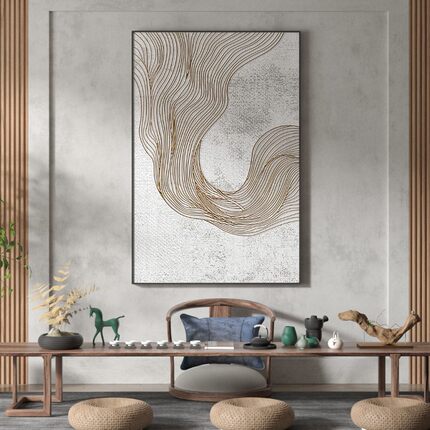 手绘抽象轻奢油画客厅装饰画现代简约立体金线条挂画玄关壁画定制