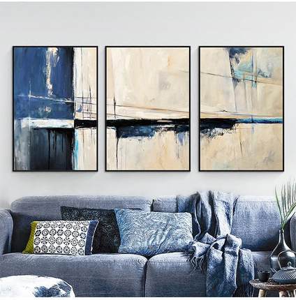 手绘抽象三联油画现代简约手工画客厅组合挂画北欧沙发背景墙壁画