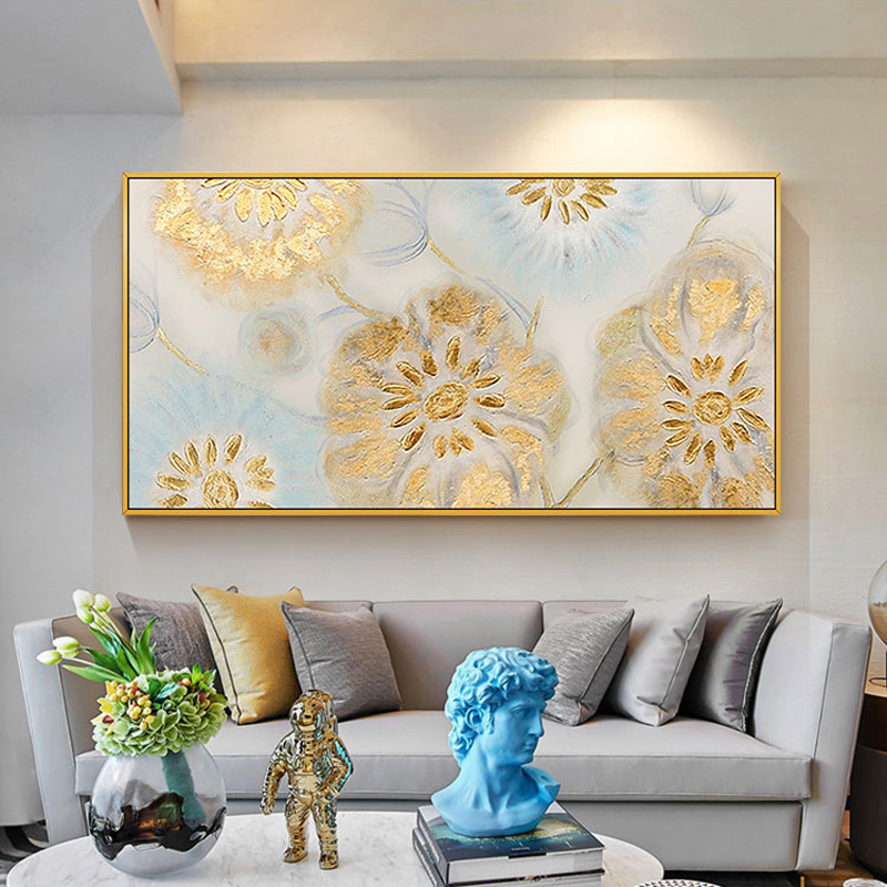 纯手绘现代客厅花卉植物挂画北欧大幅荷花卧室餐厅装饰画手工油画图片