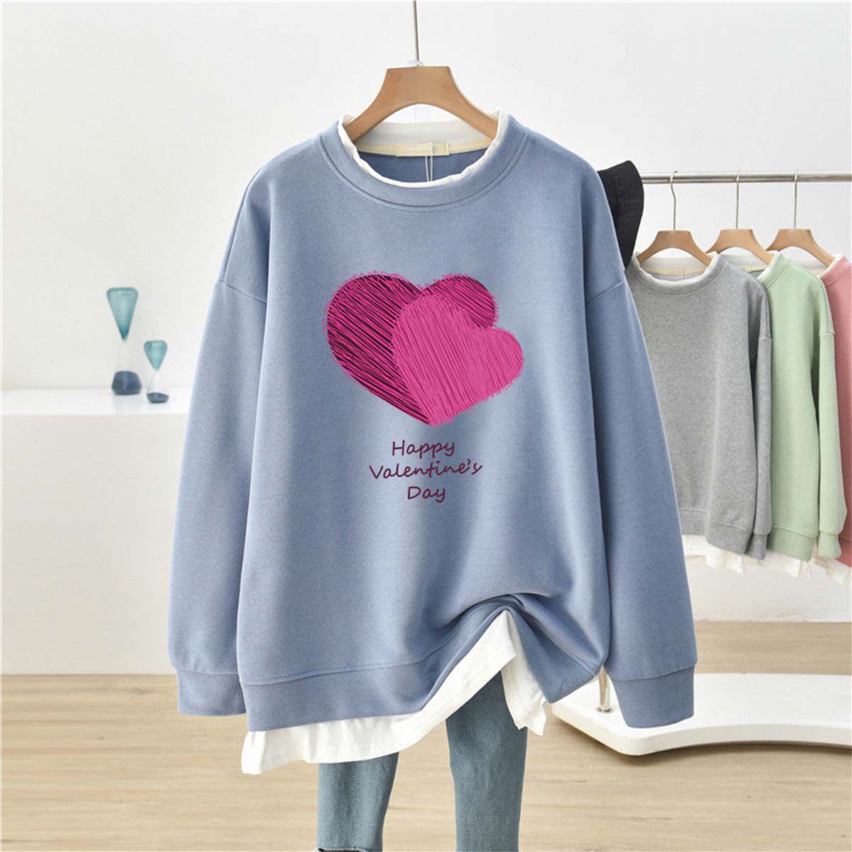 新品秋冬季无帽卫衣女加绒加厚大码宽松潮牌中长款假两件外套上衣