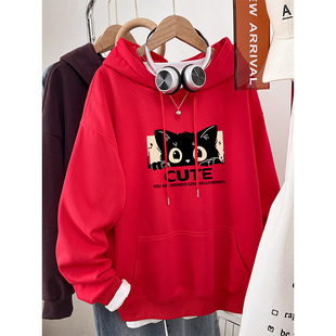 大红色加绒加厚连帽卫衣女款2026新款秋冬大码胖mm时尚洋气上衣服