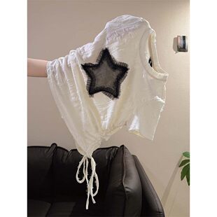 美式辣妹抽绳星星短袖T恤女夏季小众设计感宽松显瘦百搭气质上衣