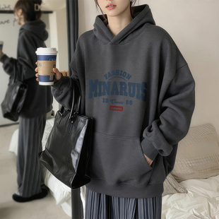 新品灰色连帽卫衣女款加绒加厚2026新款宽松胖mm大码长袖套头上衣