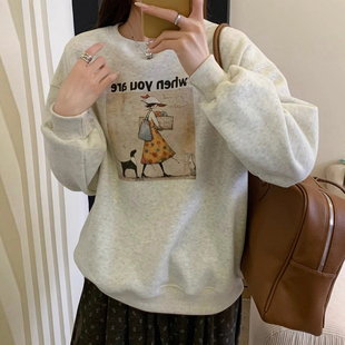 小个子圆领加绒卫衣女款2026新款爆款洋气胖mm宽松大码上衣秋冬季