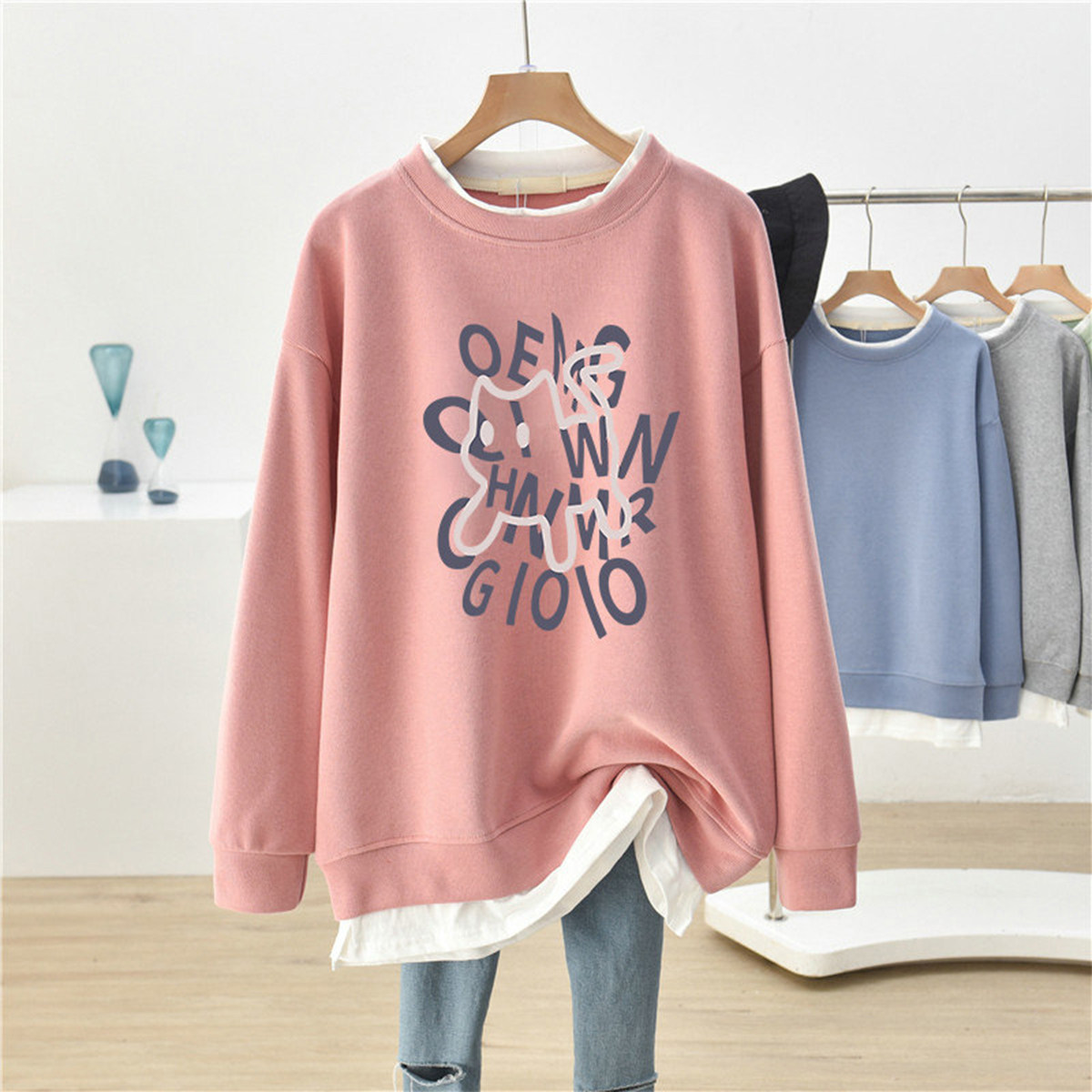 新品胖mm假两件圆领卫衣女士2026秋冬大码宽松加绒中长款套头上衣