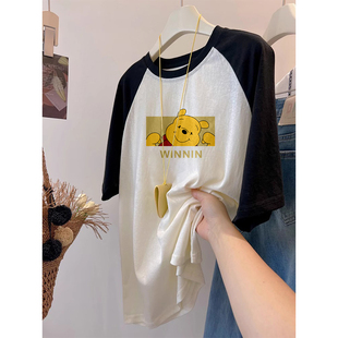 夏季 维尼熊印花胖mm上衣服 雪花棉黑白插肩短袖 T恤女宽松200斤大码