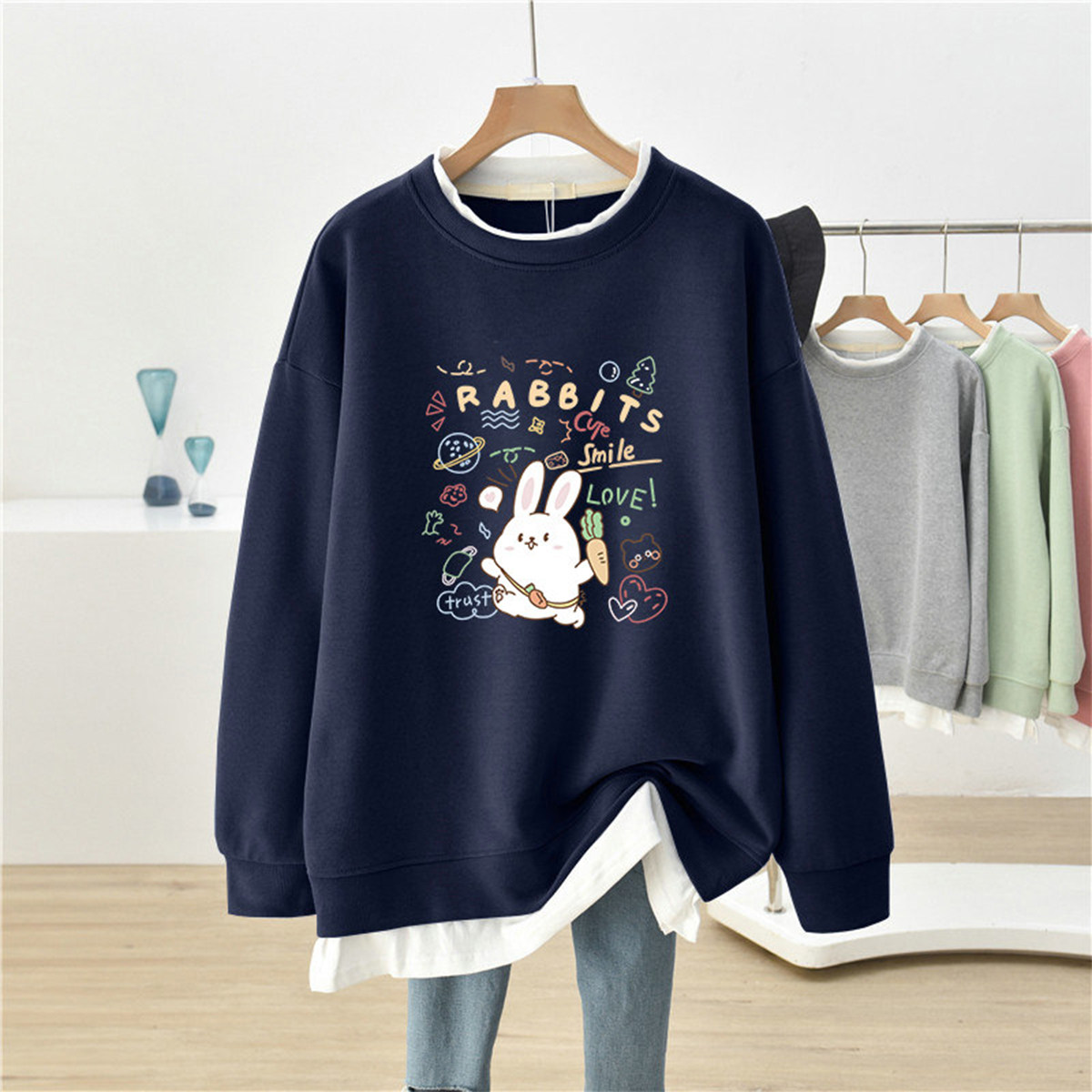 新品假两件卫衣女秋冬设计感小众套头加绒加厚大码宽松中长款上衣