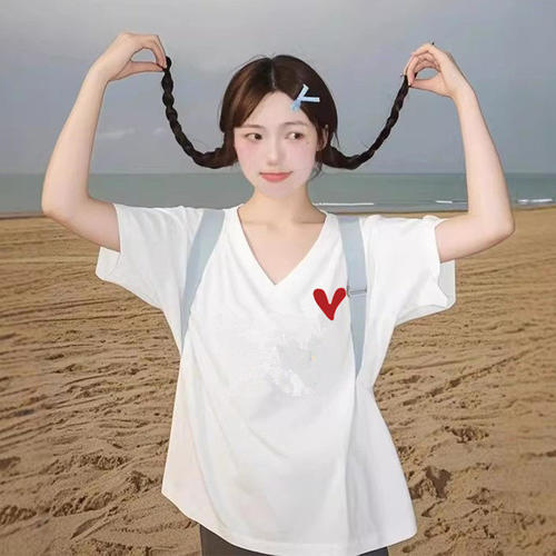 宽松胖mm大码V领短袖t恤女装