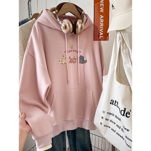 无帽长袖加绒卫衣女款小个子秋冬新款胖mm大码宽松设计感小众上衣