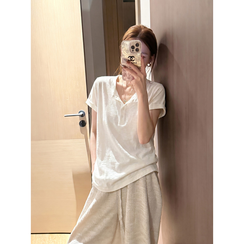 欧美纯色亚麻棉麻短袖T恤衣女夏季修身型圆领纽扣白色简约欧洲风