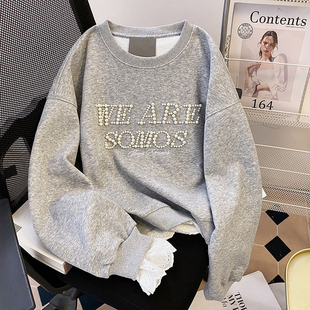 2026新款宽松慵懒风加绒加厚卫衣女款秋冬季大码胖mm钉珠上衣外套