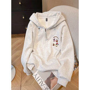 2026新款宽松小个子刺绣连帽卫衣女款春季加绒加厚大码胖mm上衣服
