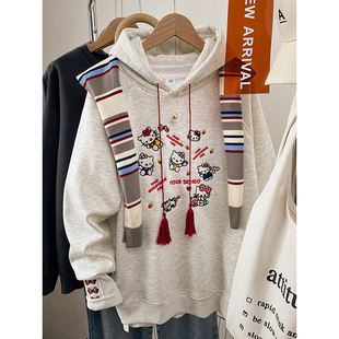 2026新款胖mm大码KT猫刺绣连帽卫衣女款宽松外套上衣秋冬加绒加厚