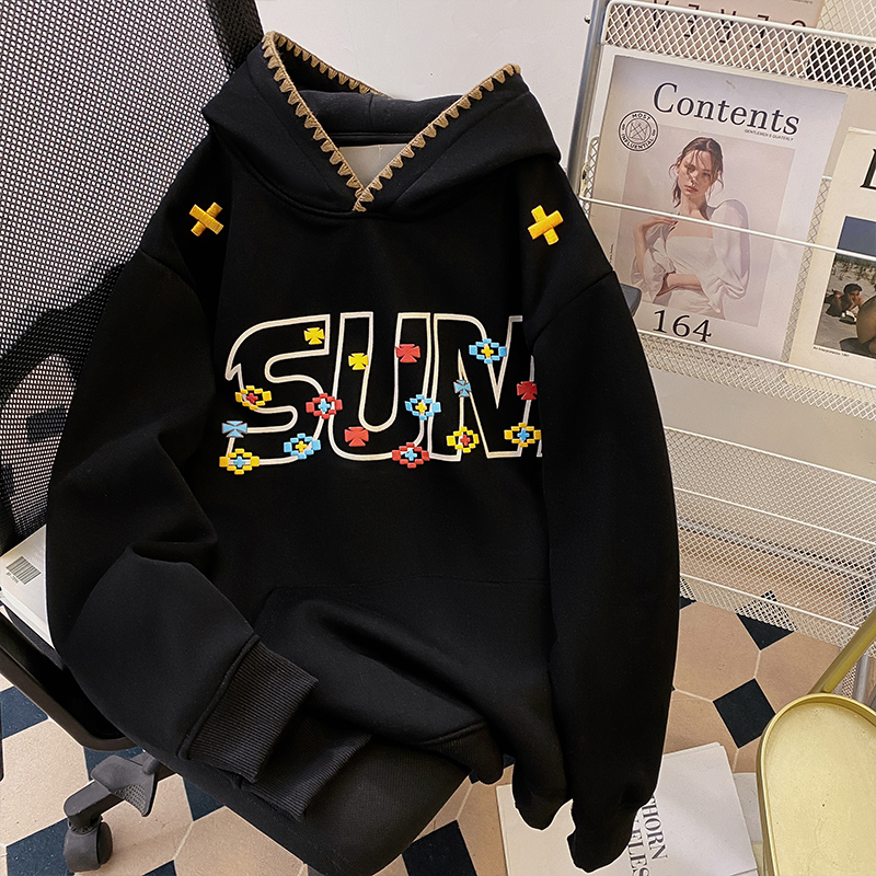 【优质面料】宽松连帽刺绣上衣女