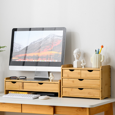 台式电脑增高架加长桌面带抽屉多功能收纳盒办公工位显示器置物架