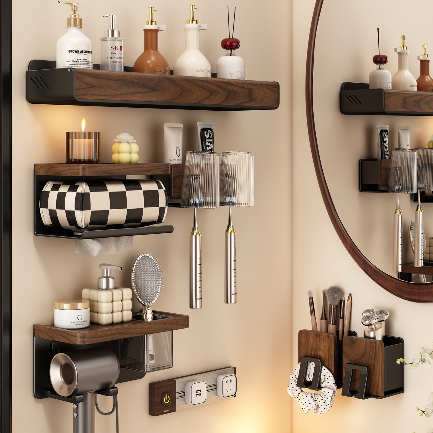 胡桃木卫生置物架免打孔浴室牙刷架吹风机挂架厕所洗漱台收纳架子